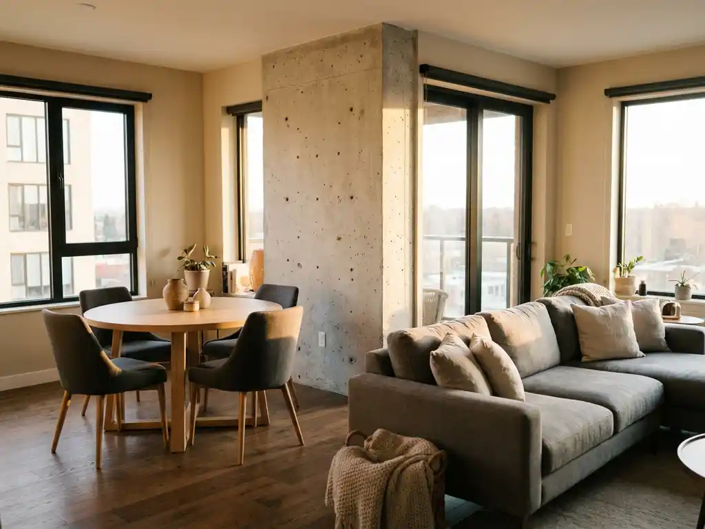 Open woonkamer met eethoek en grijze bank, warme houten vloer en natuurlijk licht door grote ramen