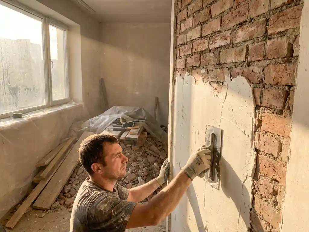 Bouwvakker brengt witte pleister aan met stalen troffel op bakstenen muur na draagmuur verwijdering, zonlicht door ramen