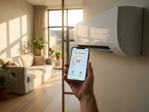 Witte wandgemonteerde airco met smartphone die wifi-verbinding en temperatuurregeling toont in moderne Nederlandse woonkamer