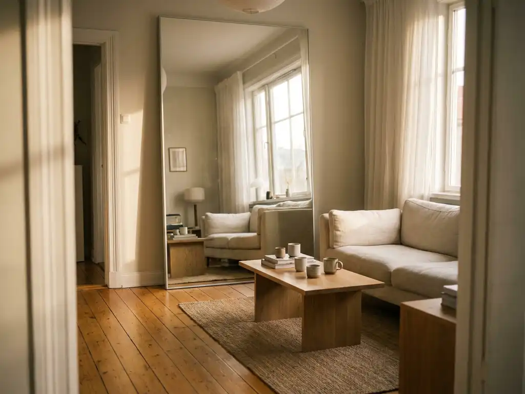 Compacte woonkamer met grote spiegel die natuurlijk licht weerkaatst, warme houten vloeren en minimalistische meubels in lichte eiken en crèmetinten