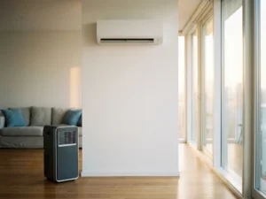 Split-unit airconditioner gemonteerd aan witte muur naast draagbare monoblock airconditioner in moderne woonkamer met natuurlijk licht