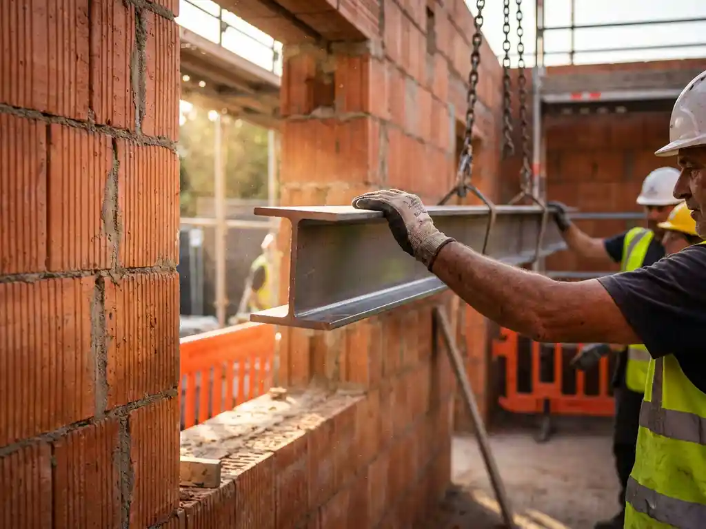 Stalen balk wordt door bouwvakker boven bakstenen muuropening geplaatst, stofdeeltjes drijven in zonlicht