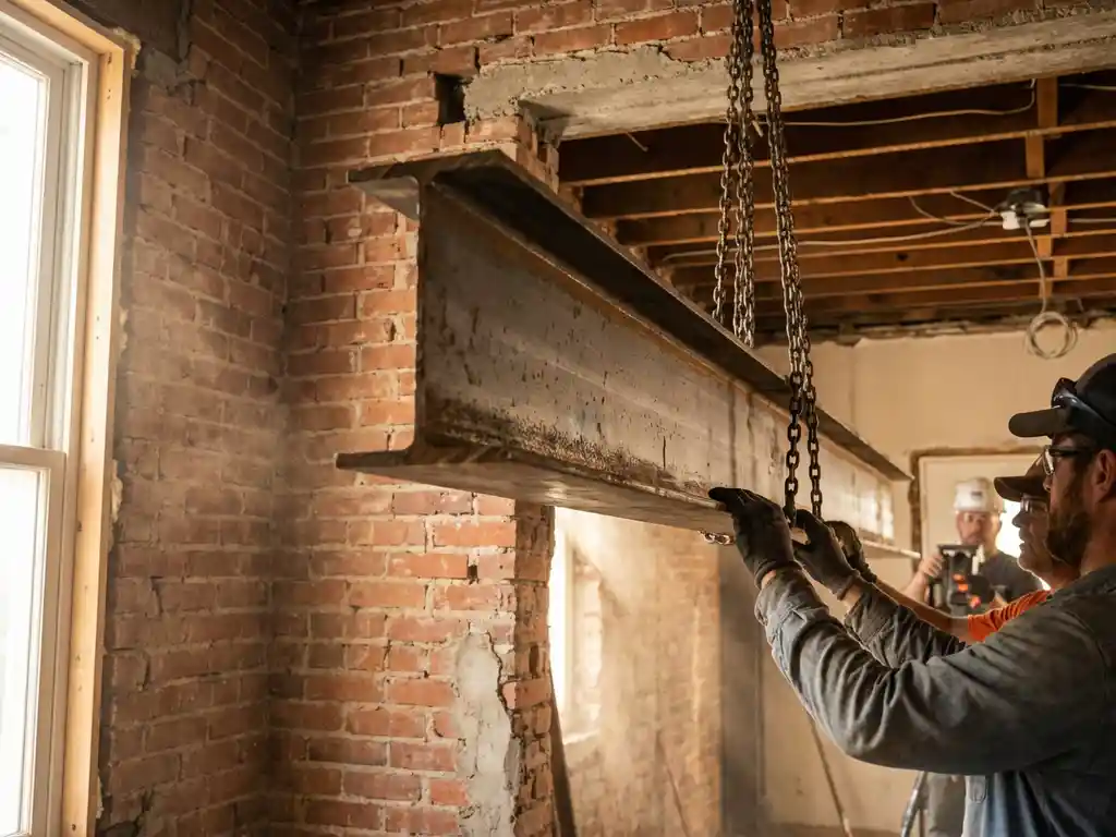 Stalen I-balk wordt geplaatst boven bakstenen muuropening door bouwvakker in residentiële ruimte met zichtbare balken