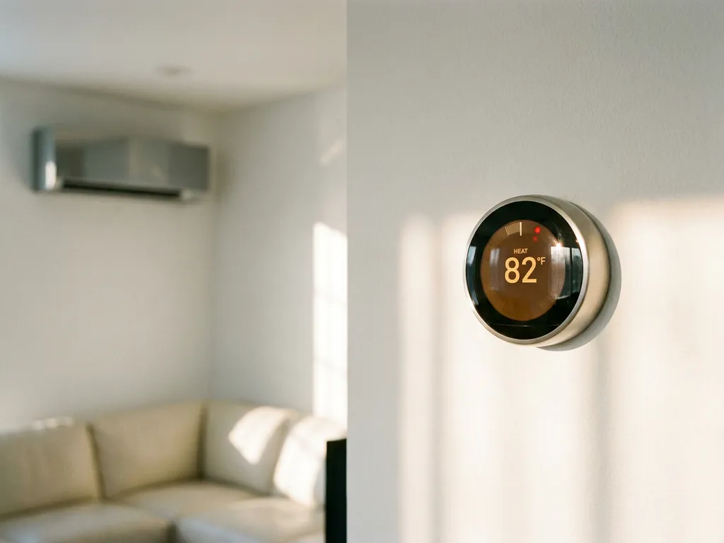 Digitale thermostaat op witte muur toont temperatuur met moderne airconditioning op achtergrond in eigentijdse woonkamer
