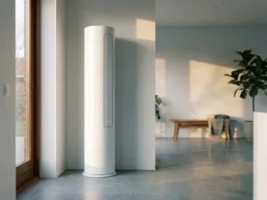 Witte staande airconditioning tegen moderne muur in Nederlands interieur met betonnen vloer en natuurlijk zonlicht