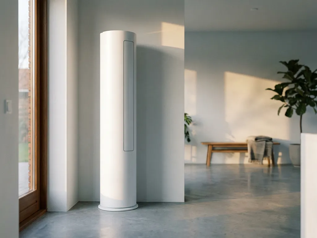 Witte staande airconditioning tegen moderne muur in Nederlands interieur met betonnen vloer en natuurlijk zonlicht