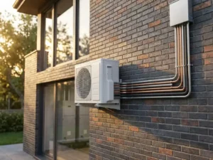Witte VRF buitenunit gemonteerd op moderne bakstenen muur met koperen koelleidingen naar binnenunits zichtbaar door ramen