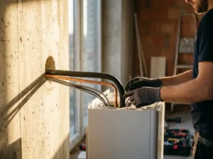 Witte wandgemonteerde warmtepomp met koperen leidingen wordt geïnstalleerd door geboord gat in betonnen muur