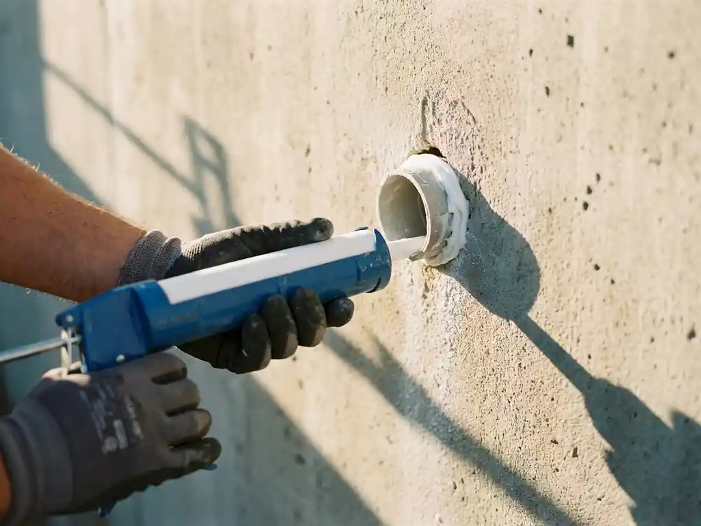 Handen brengen witte waterdichte kit aan rond verse leidingdoorvoer in betonnen muur met kitpistool