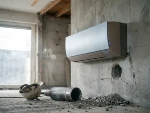Moderne airconditioning gemonteerd op betonnen muur in Nederlandse nieuwbouw, met diamantboorder en boorgruis op de voorgrond.