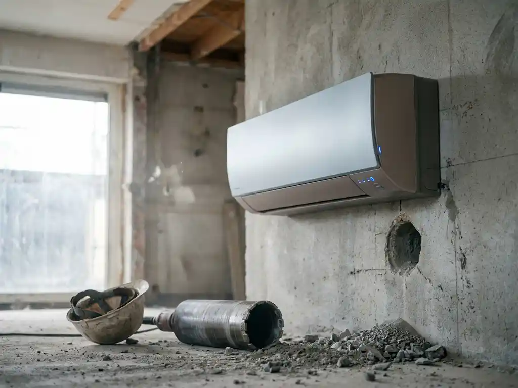 Moderne airconditioning gemonteerd op betonnen muur in Nederlandse nieuwbouw, met diamantboorder en boorgruis op de voorgrond.