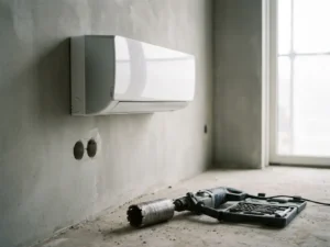 Moderne airconditioning op betonnen muur in nieuwbouw, met kernboor en diamantbits op de vloer eronder.