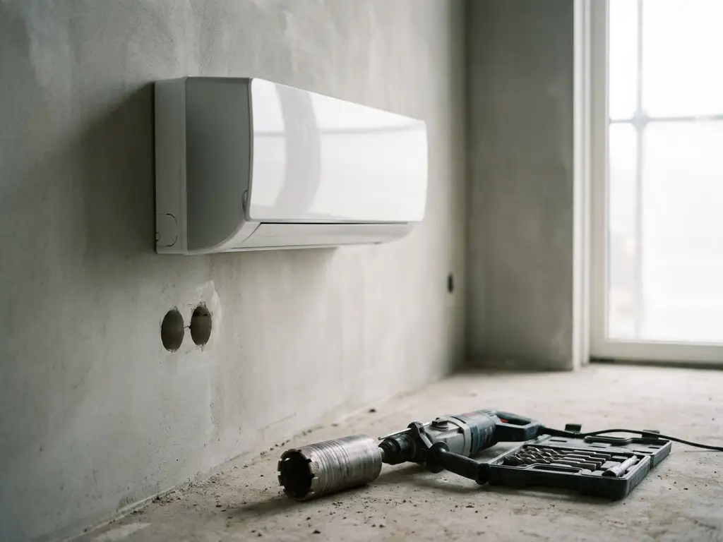 Moderne airconditioning op betonnen muur in nieuwbouw, met kernboor en diamantbits op de vloer eronder.