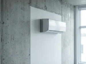 Moderne airconditioning op witte muur van nieuwbouwwoning met zichtbaar ruw beton en zacht daglicht.