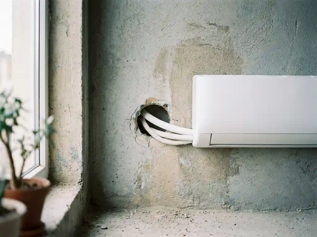 Vers geboord gat in betonnen muur met witte koeleidingen van een split-airco die erdoorheen lopen.