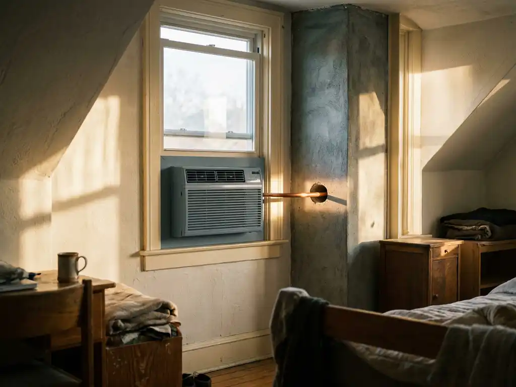Compacte airconditioning ingebouwd in dakkapelraam met doorgeboorde muurvoering, warm zomerlicht in witte zolderruimte.