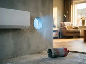 Vers geboord gat in betonnen muur naast witte airco in Nederlandse woonkamer, diamantboor op de vloer.