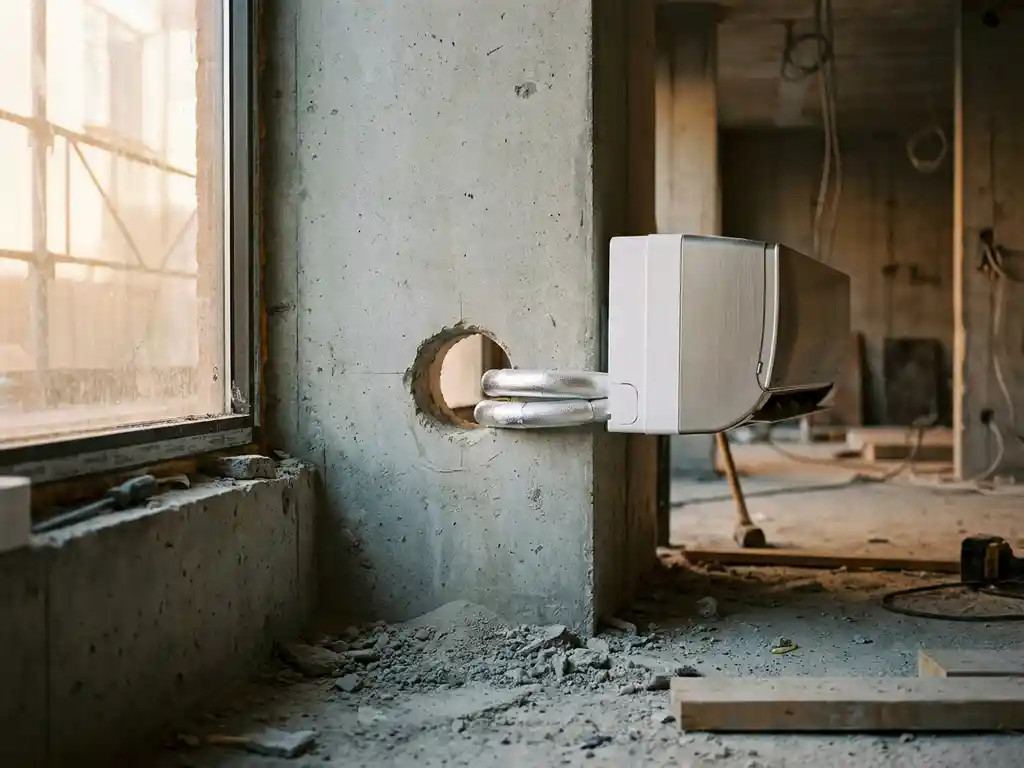 Vers geboord gat in betonnen muur met airconditioning en zilveren koelleidingen op bouwlocatie.