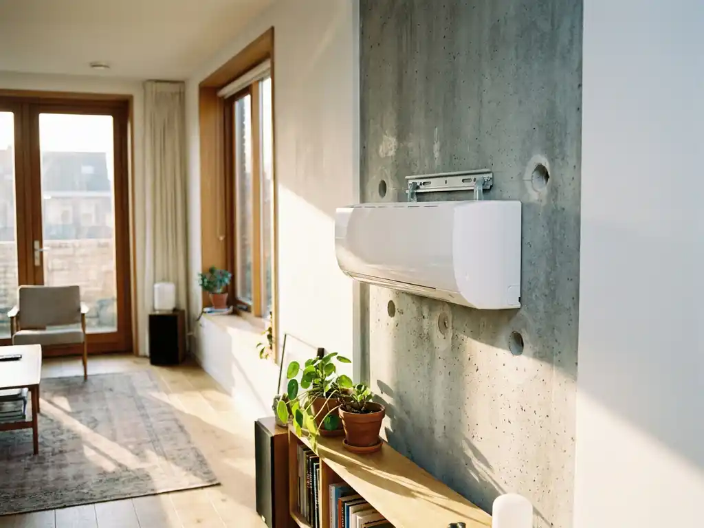 Wandgemonteerde airco op betonnen muur in Nederlandse woonkamer, zichtbare boorgatjes rond beugel, warm middaglicht door grote ramen.