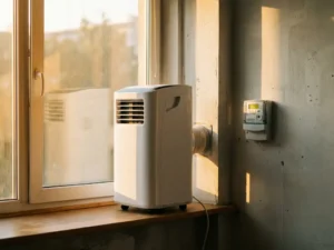 White monoblock air conditioner on windowsill in summer apartment, electricity meter visible on concrete wall.
