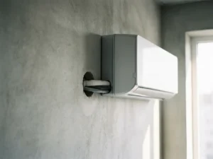 Moderne airconditioning unit op betonnen muur met diamantgeboord doorvoergat voor de leidingen.