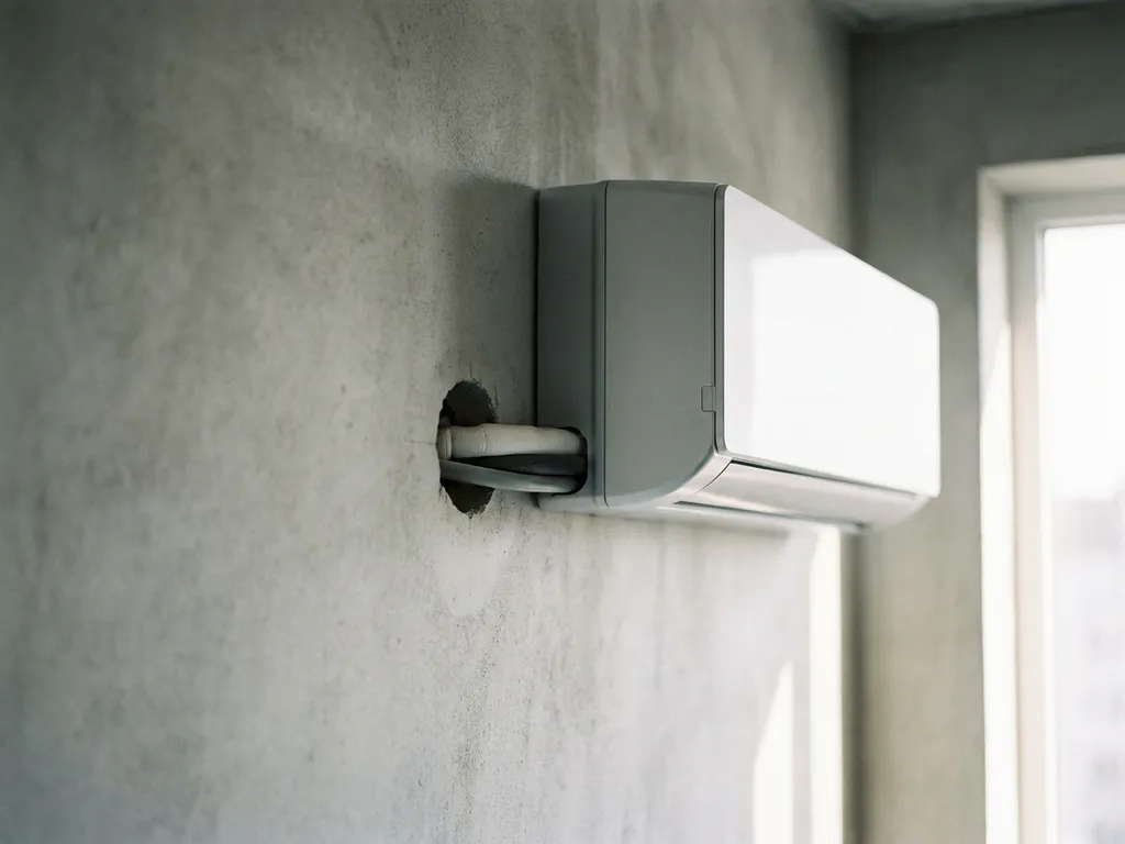 Moderne airconditioning unit op betonnen muur met diamantgeboord doorvoergat voor de leidingen.