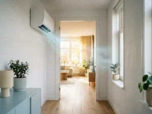 Wandmontage airconditioning in lichte Nederlandse hal met eiken vloer, koele lucht stroomt door open deur naar zonnige kamer.