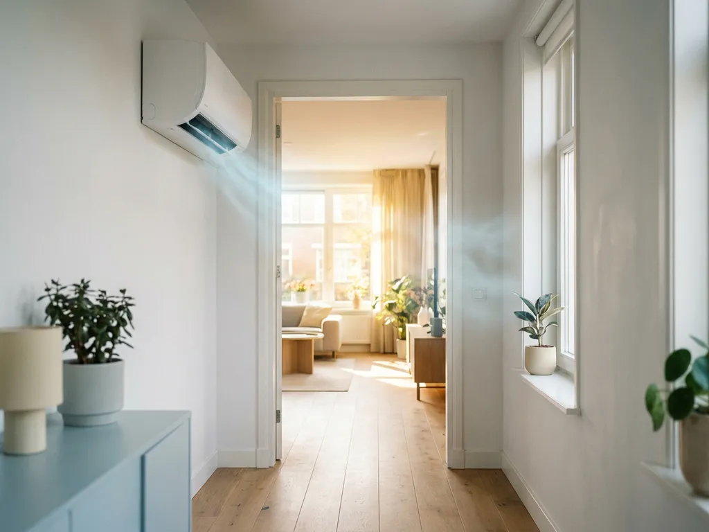 Wandmontage airconditioning in lichte Nederlandse hal met eiken vloer, koele lucht stroomt door open deur naar zonnige kamer.