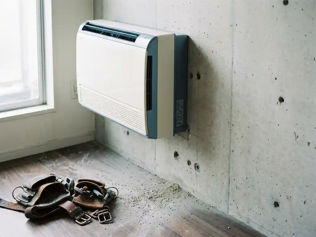 Wandgemonteerde airconditioning boven betonnen muur met boorstelsel op de vloer en een versleten leren gereedschapsriem ernaast.