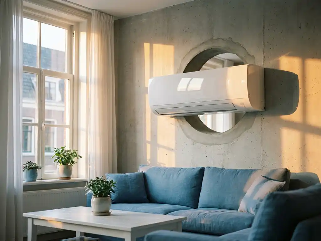 Wandgemonteerde airconditioning in Nederlandse woonkamer met doorboring in betonnen muur en zonlicht door het raam.