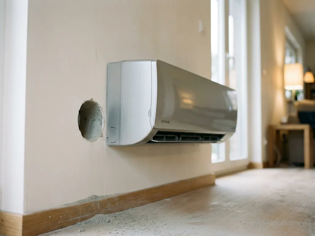 Innova monoblock airconditioning gemonteerd op gepleisterde muur met kernboring door beton, betonpoeder op de vloer eronder.