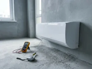 Wandgemonteerde witte airconditioning op betonnen muur met betongruis op de vloer, meetlint en stroommeter ernaast.