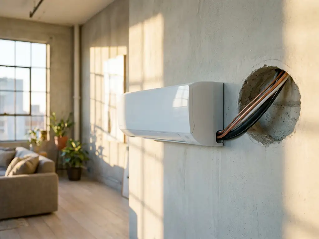 Wandgemonteerde airconditioner in zonnig appartement met doorgeboord betonnen muur voor leidingdoorvoer.