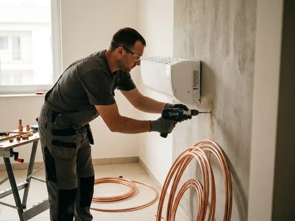 HVAC-monteur boort in betonnen muur voor installatie van wandairconditioning, met koperen koelleidingen op betegelde vloer.