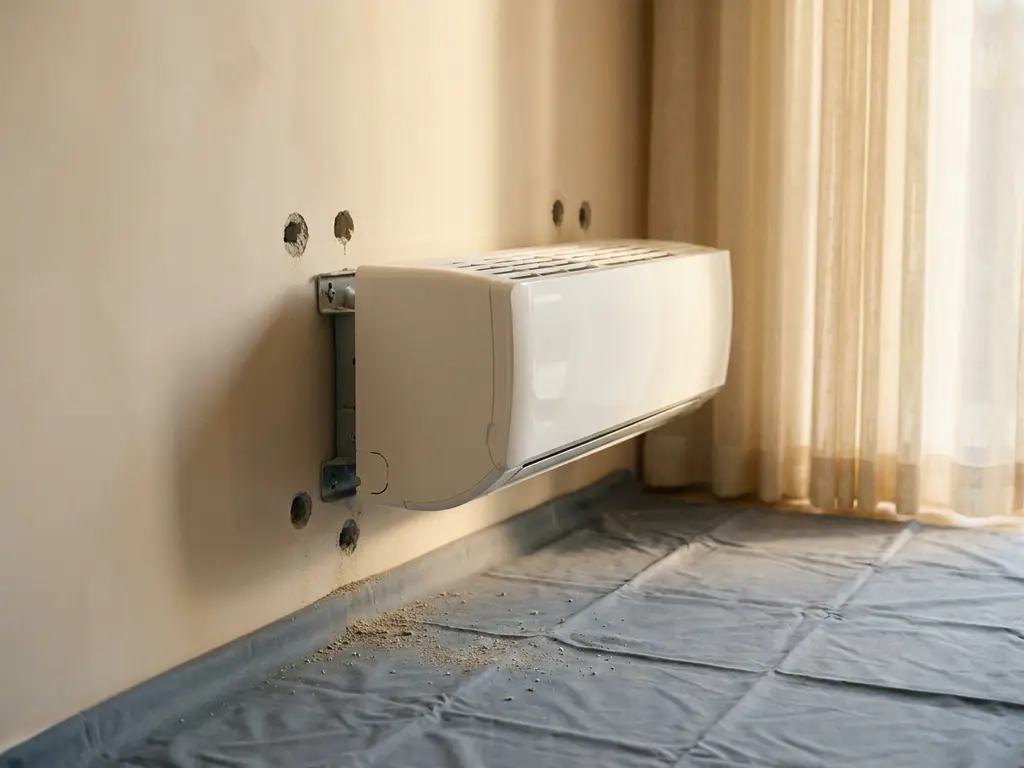 Wandgemonteerde airconditioner op vers geboorde betonnen muur in slaapkamer, stofdeeltjes op beschermdoek in zacht ochtendlicht.