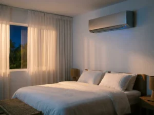 Air conditioning on bedroom wall above white-made bed, moonlight through curtains on a tropical night, condensation droplets visible.