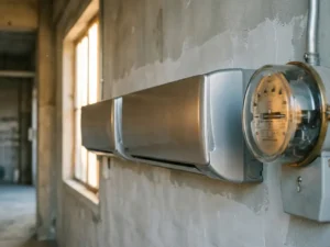 Twee wandmontage airconditioners naast elkaar op betonnen muur met analoge elektriciteitsmeter in natuurlijk licht.