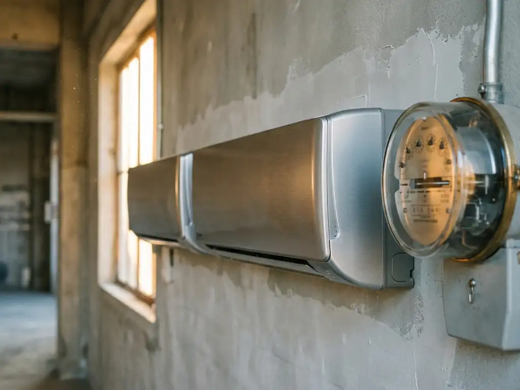 Twee wandmontage airconditioners naast elkaar op betonnen muur met analoge elektriciteitsmeter in natuurlijk licht.