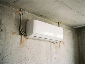 Wandgemonteerde ductless airconditioning in ruwe betonnen muur met zichtbare kabelgeleiding en boorga