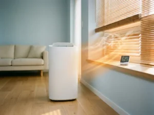 Witte monoblock airconditioning in zonnige woonkamer met thermometer op houten vensterbank en koele lucht in warm middaglicht.
