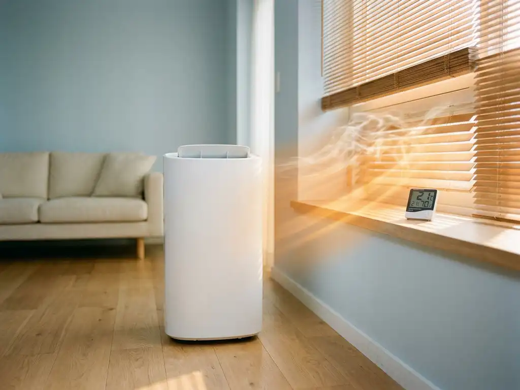 Witte monoblock airconditioning in zonnige woonkamer met thermometer op houten vensterbank en koele lucht in warm middaglicht.