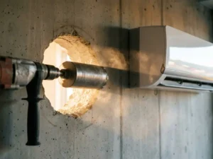 Professionele betonboor bij vers geboord gat in betonnen muur, airco gemonteerd naast de opening, betongruis in warm zonlicht.