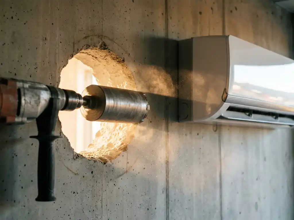 Professionele betonboor bij vers geboord gat in betonnen muur, airco gemonteerd naast de opening, betongruis in warm zonlicht.