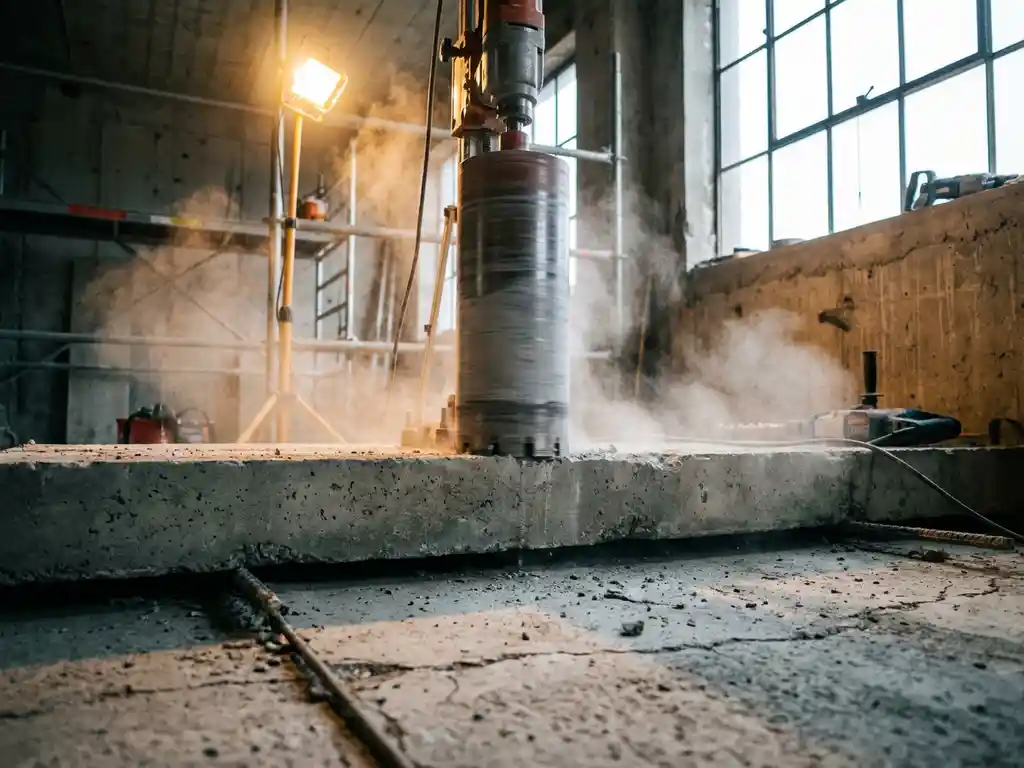 Diamantboor die door een dikke betonvloer boort, met fijn wit stof in de lucht op een professionele bouwplaats.