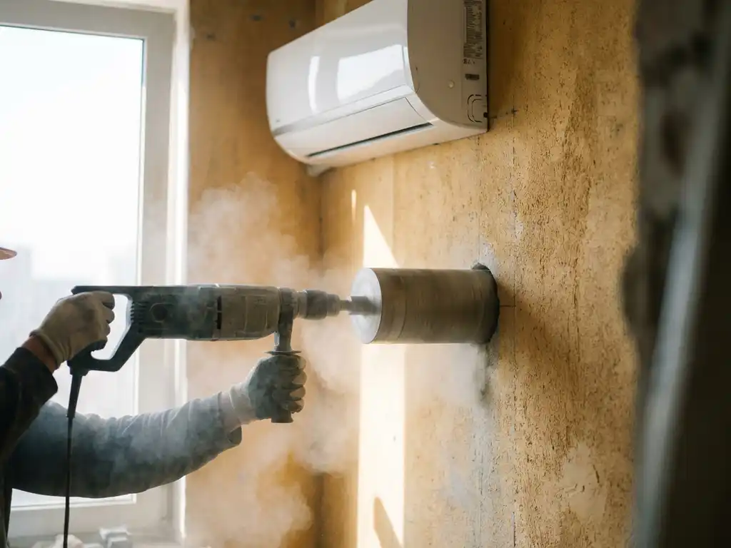 Betonboor die een rond gat boort in een dikke muur, betonpoeder in de lucht, splitairco gemonteerd op de muur op de achtergrond.