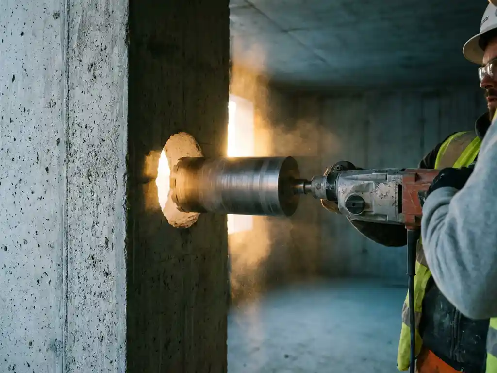 Betonboor die een rond gat boort door een dikke buitenmuur, met zonlicht dat door de opening naar binnen valt en betongruis in goudkleurig licht.