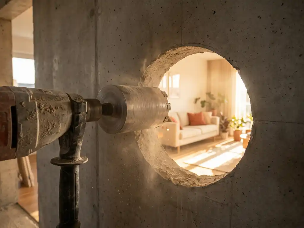 Betonboor die een rond gat boort door een dikke muur, met warme woonkamer zichtbaar door de opening en stofdeeltjes in de lucht.