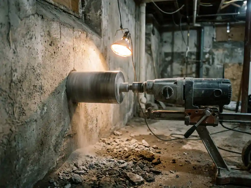 Betonboor die een ventilatieopening boort in een ruwe betonnen funderingsmuur, met grijs betonsstof op de grond.