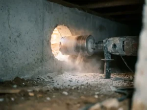 Betonboor die een ventilatieopening freest in een dikke betonnen funderingsmuur, met betonpoeder en daglicht zichtbaar vanuit de kruipruimte.
