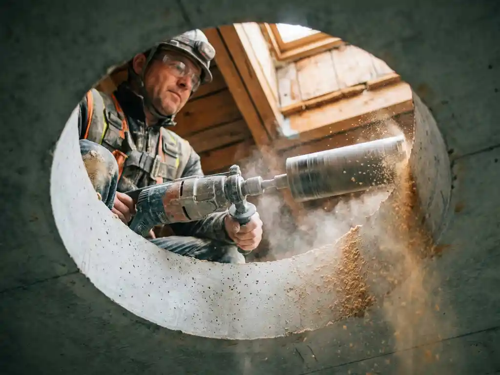 Vakman boort een rond gat door een dikke betonvloer, met betonpoeder rond het boorpunt en houten balken zichtbaar daarboven.